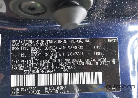 2021 Toyota Highlander L z USA, uszkodzony, nr VIN 5TDCZRAH1MS536647